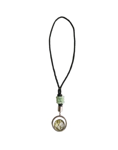 Collar Cordón Negro Terciado Muranos Verde Menta y Dije Cristal y Acero Plateado 