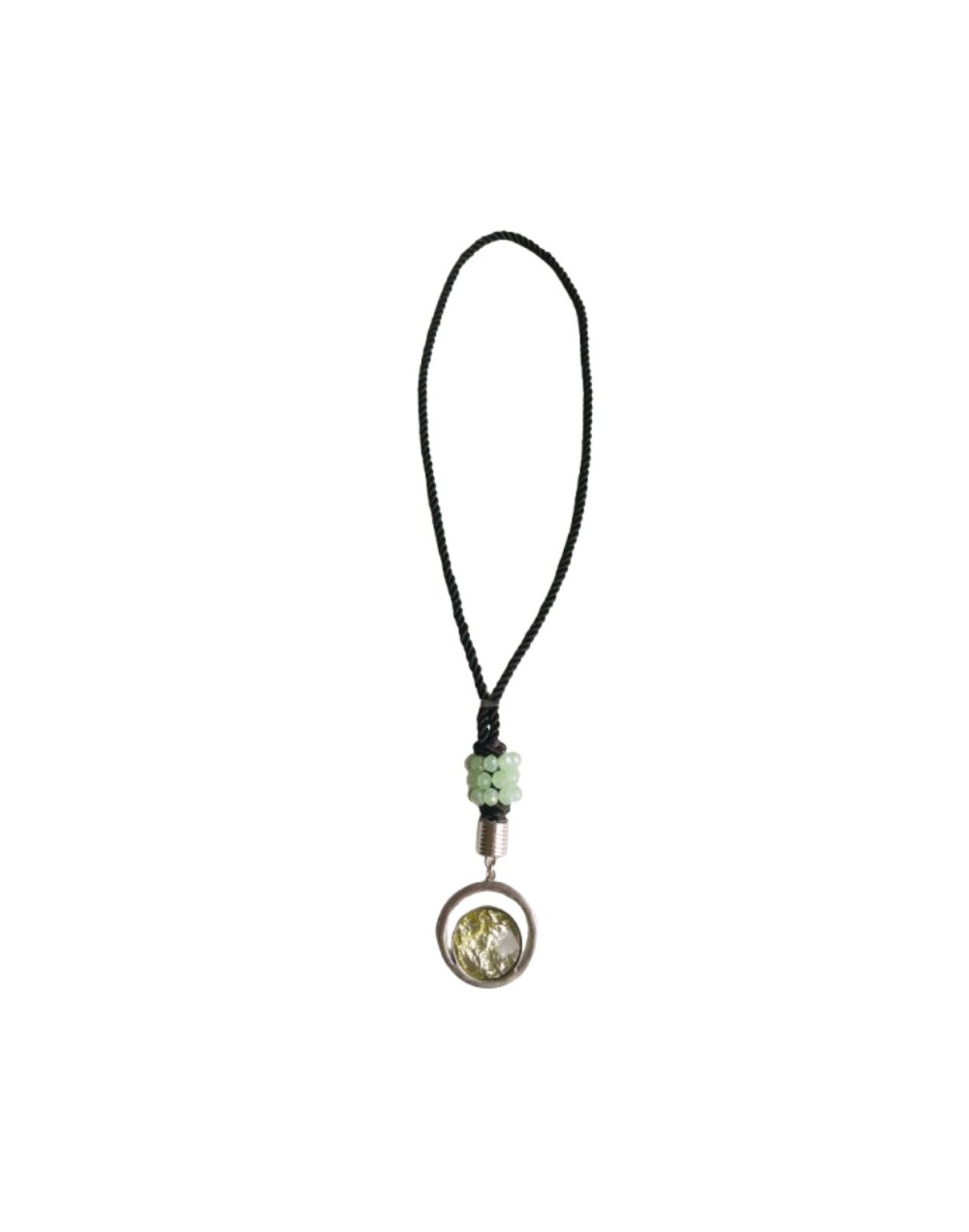 Collar Cordón Negro Terciado Muranos Verde Menta y Dije Cristal y Acero Plateado 