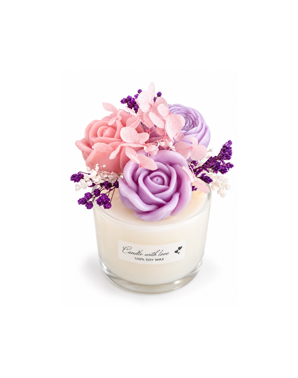Vela aromática floral en recipiente en vidrio