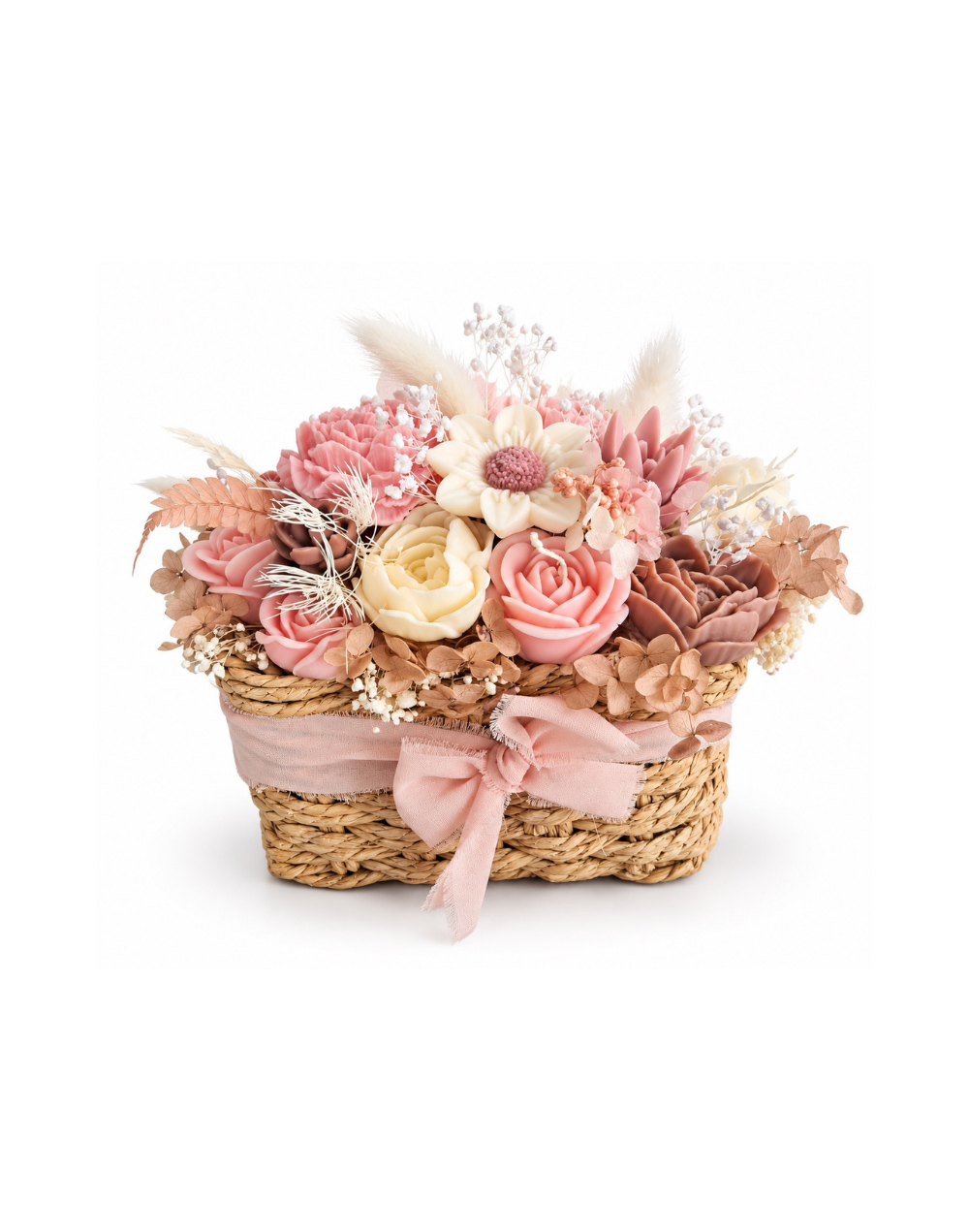 Bouquet decorativo de velas florales en canasta