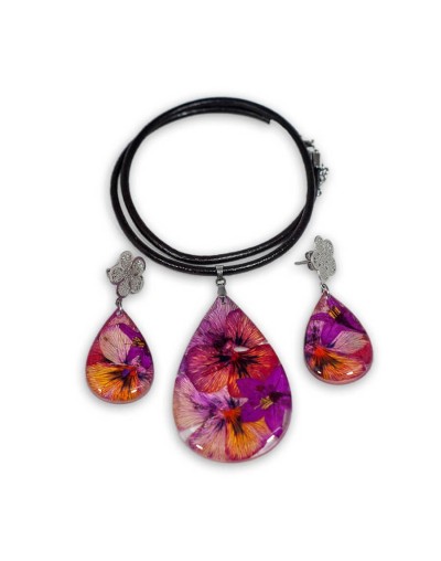 Collar y aretes flores naturales encapsuladas expresiva