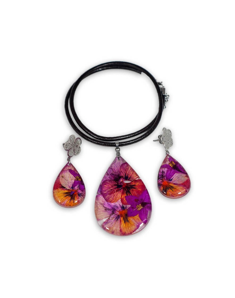 Collar y aretes flores naturales encapsuladas expresiva