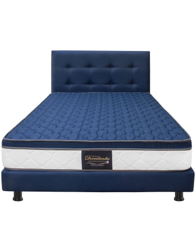 Combo Colchón Dublin Azul DobleBase Cama Entera AlmohadasProtectorCabecero
