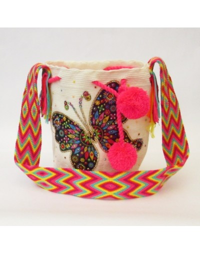 Mochila wayuu mariposa con piedreria