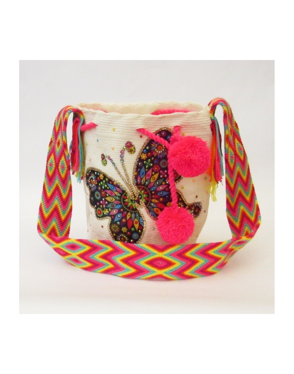 Mochila wayuu mariposa con piedreria