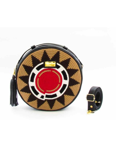 Bolso sol wayuu  cuero y etnia indígena color negro