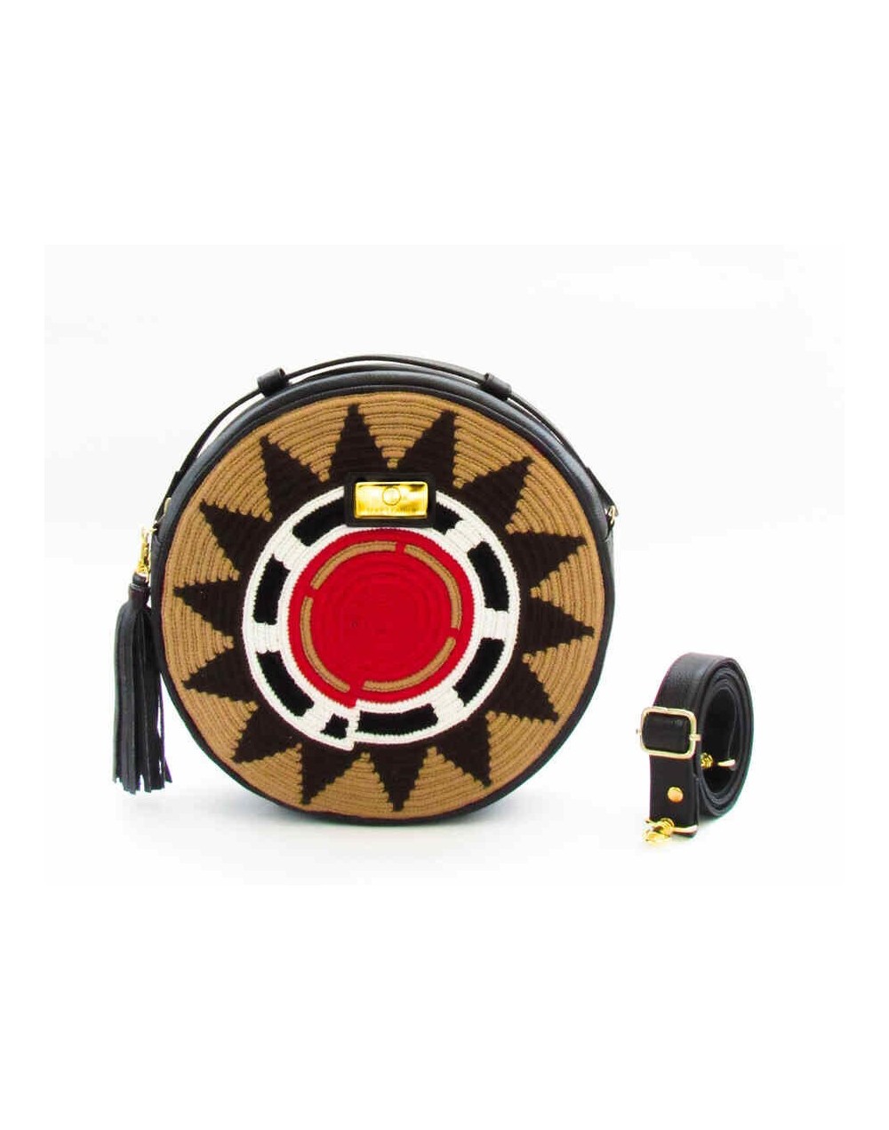 Bolso sol wayuu  cuero y etnia indígena color negro