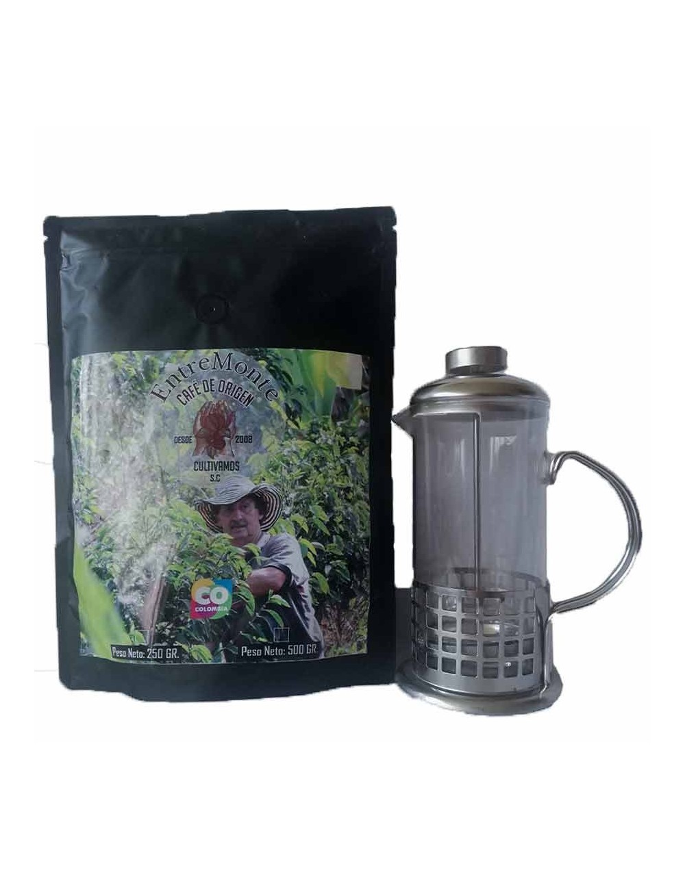 Combo de libra 500 gramos de entremonte café de origen y prensa francesa de 350 ml