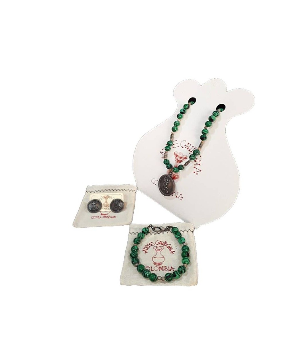 Set en piedra semipreciosa malaquita collar pulsera y arete Semi precious malaquite stone set necklace bracelet earrings