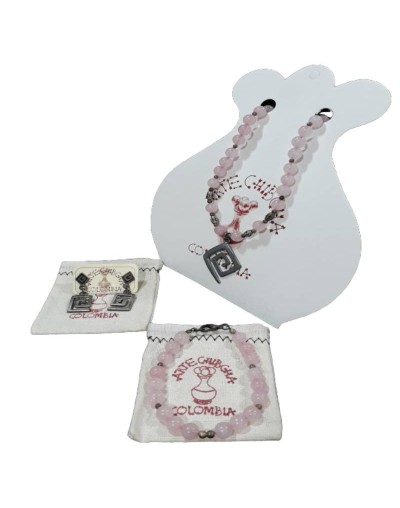 Set en piedra semipreciosa cuarzo rosado collar pulsera y arete Pink quartz stone set necklace bracelet earrings