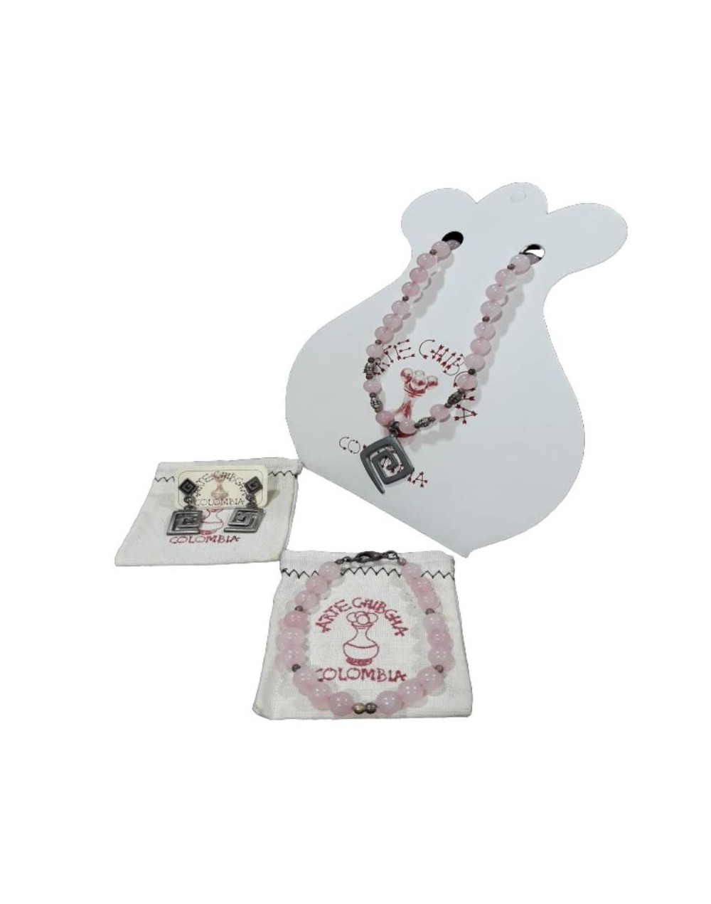 Set en piedra semipreciosa cuarzo rosado collar pulsera y arete Pink quartz stone set necklace bracelet earrings