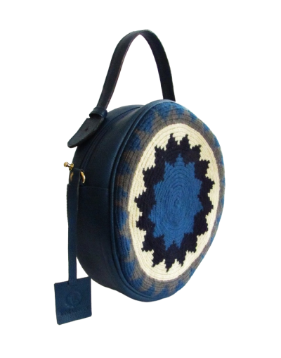 Bolso sol wayuu  cuero y etnia indígena color azul