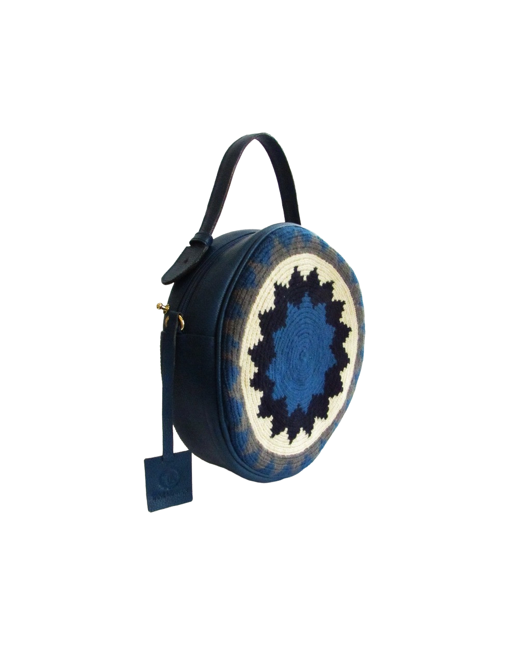 Bolso sol wayuu  cuero y etnia indígena color azul