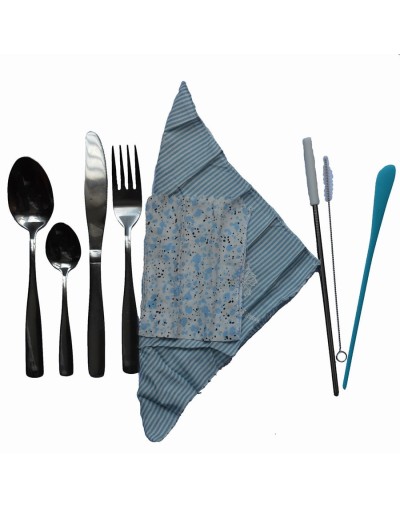 Kit de cubiertos acero flores azul