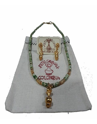 Set collar y aretes necklace and earring set Recipiente ritual Poporo Cultura Quimbaya Ritual container Poporo