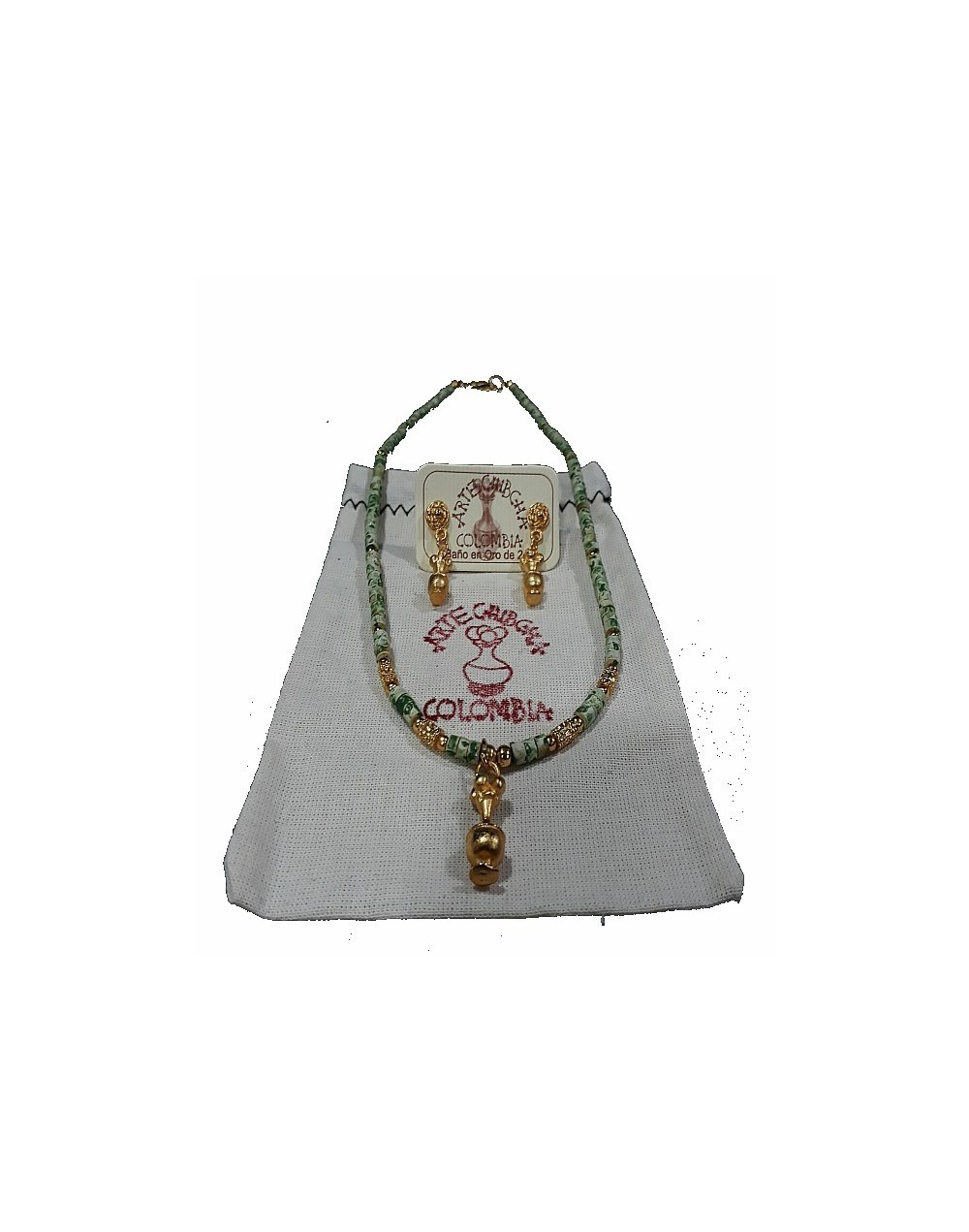 Set collar y aretes necklace and earring set Recipiente ritual Poporo Cultura Quimbaya Ritual container Poporo