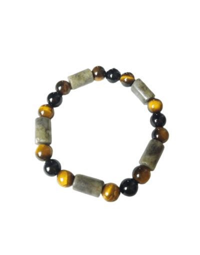 Labradorita con ojo de tigre y ónix en pulsera