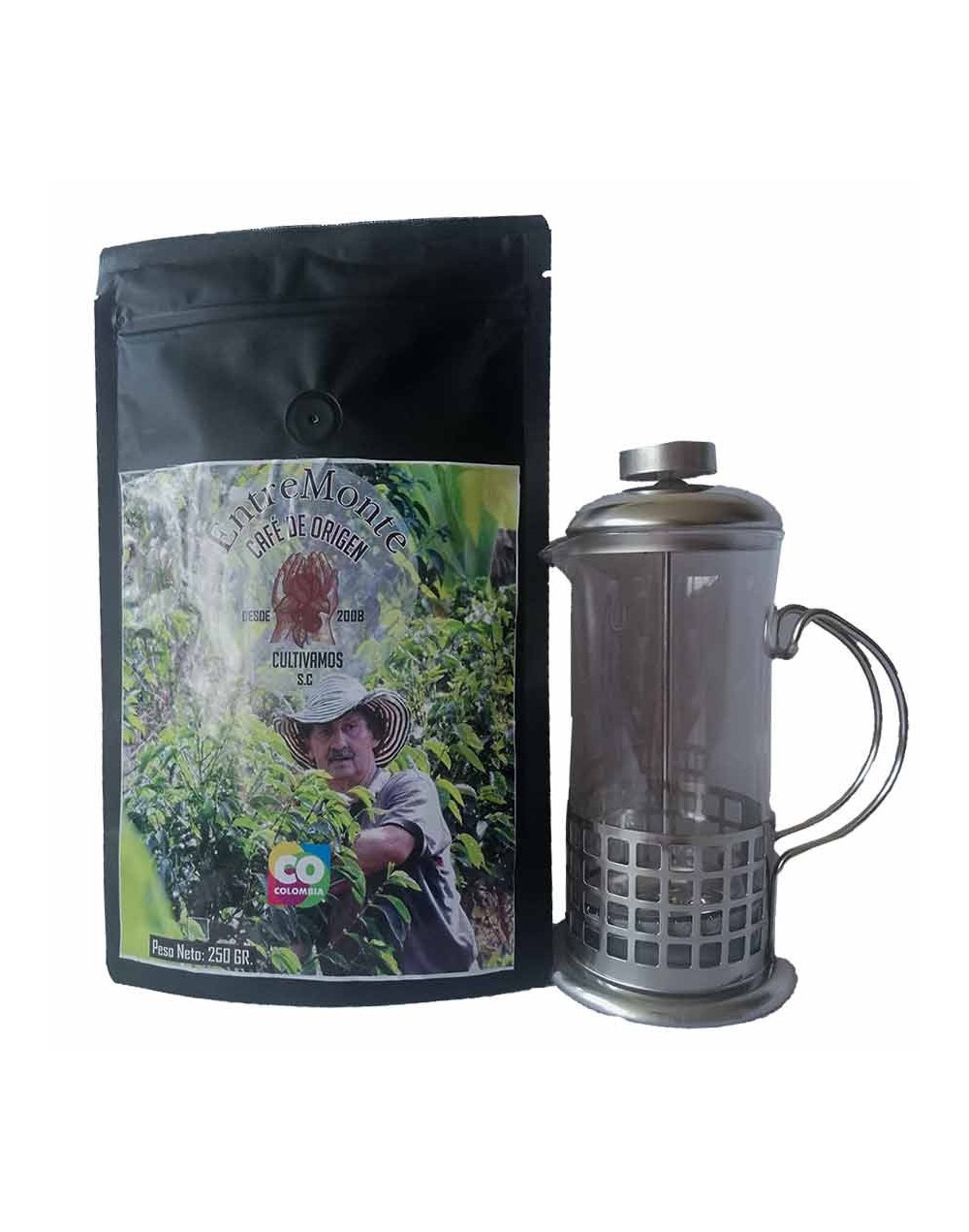 Combo de 12 250 gramos libra de entremonte café de origen y prensa francesa 350 ml