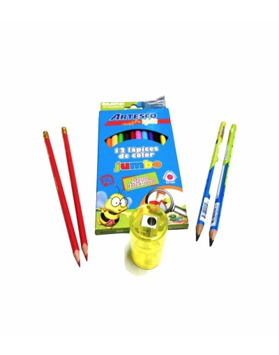 EC02  Colores Jumbo x12  Lápiz Jumbo  2 Lápices Rojos Sacapunta cilíndrico colores surtidos