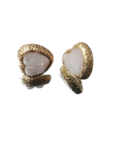 Aretes Corazón drusa de cuarzo y plata