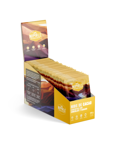 Nibs de cacao con chocolate y banano caja x 12 sobres de 25g