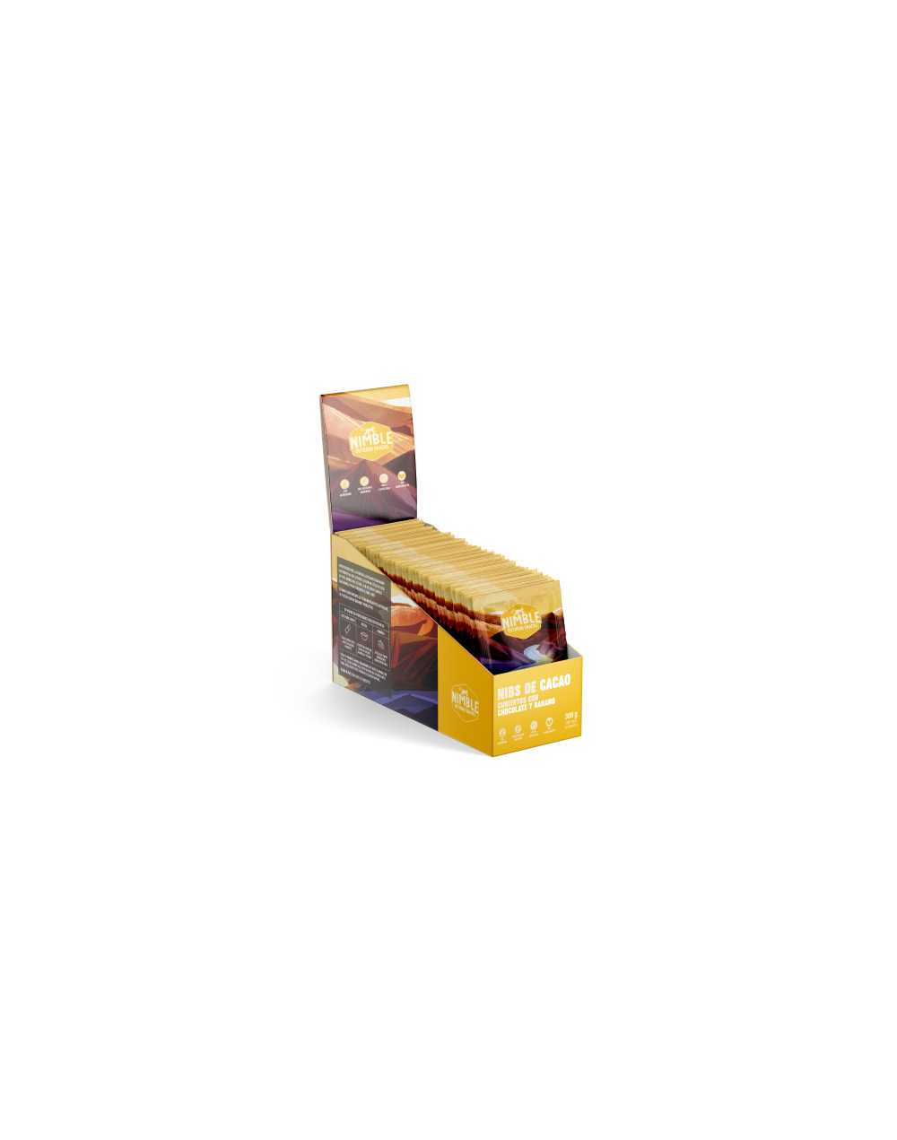 Nibs de cacao con chocolate y banano caja x 12 sobres de 25g