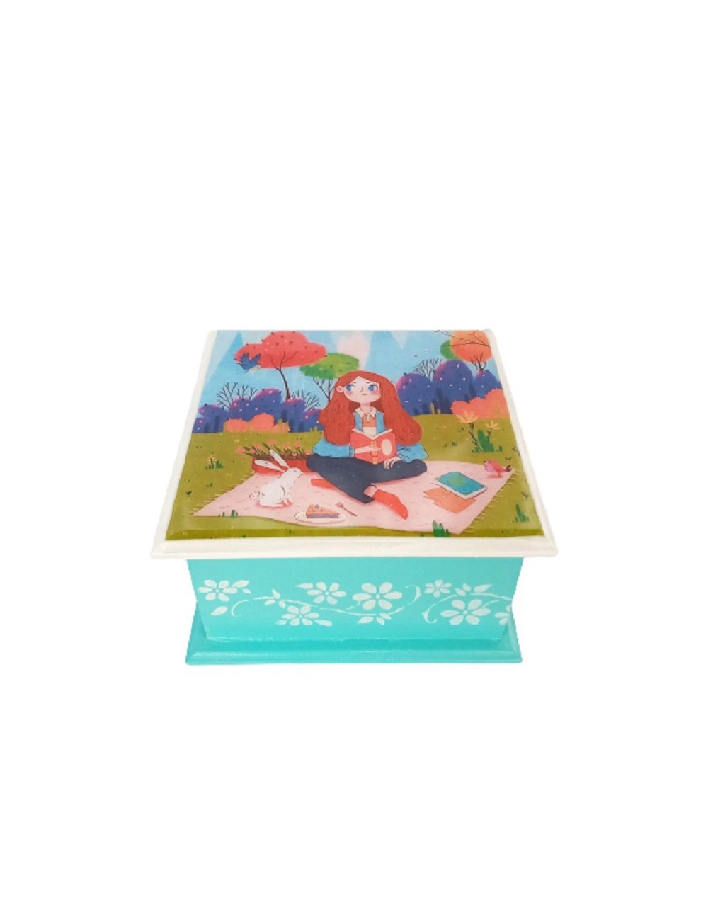 Caja mujer sentada leyendo 