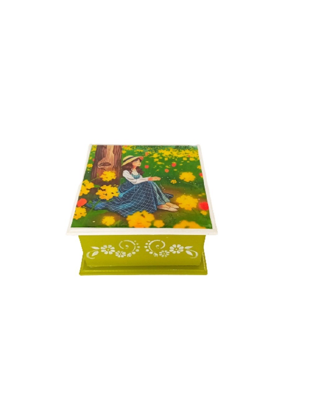 Caja mujer con flores amarillas