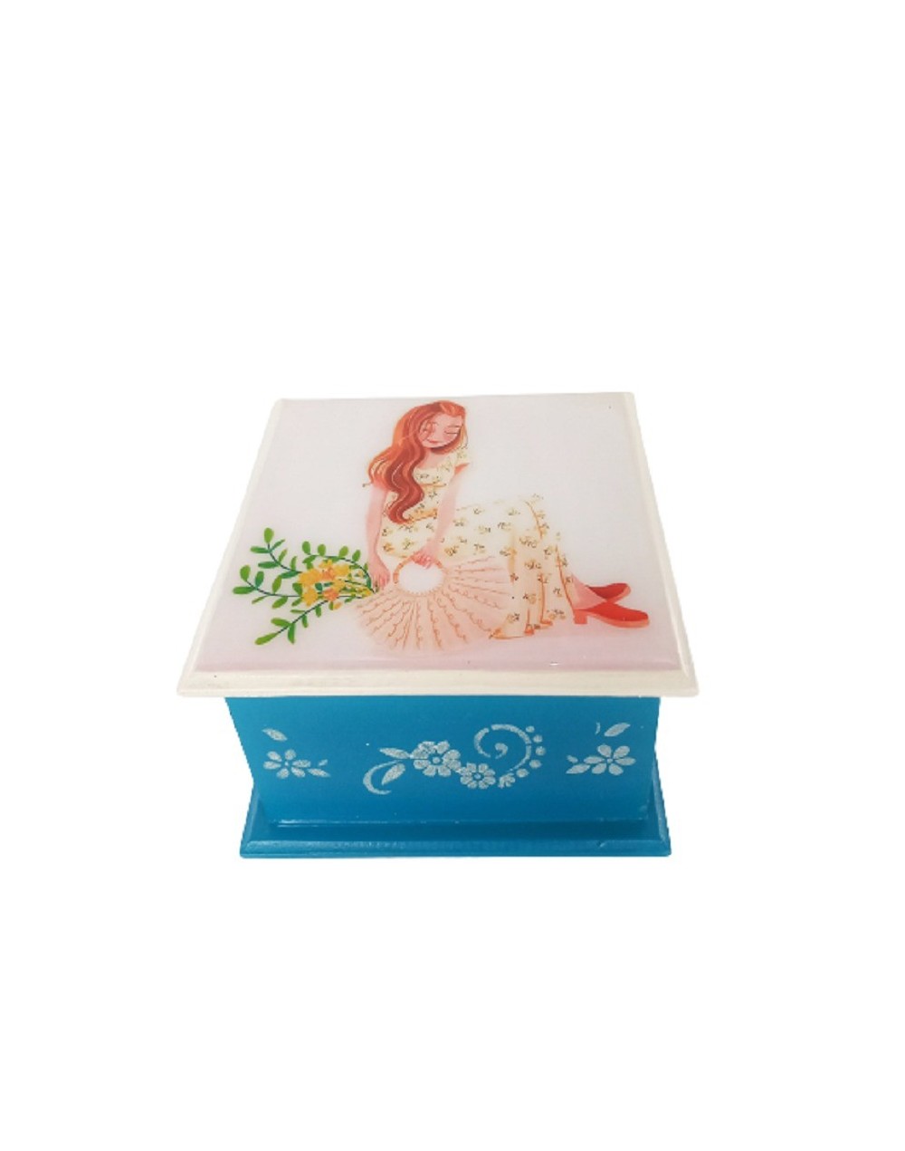 Caja mujer sentada en la ventana
