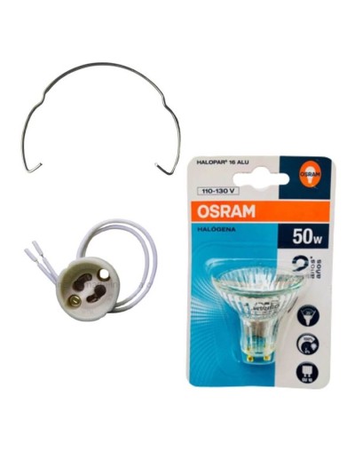 Bombillo halogeno gu10 dicroico 110v50w con socket y gancho retenedor