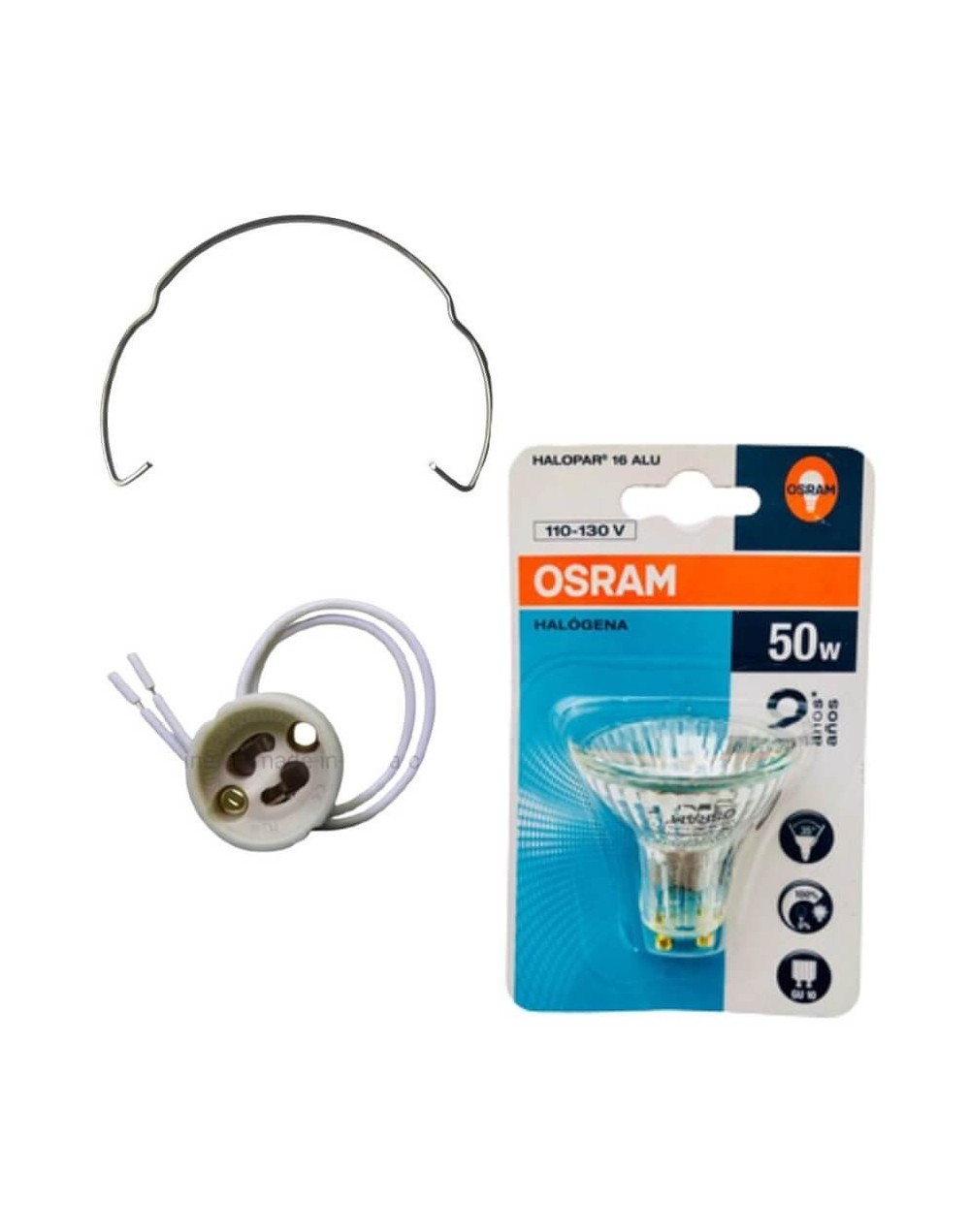 Bombillo halogeno gu10 dicroico 110v50w con socket y gancho retenedor