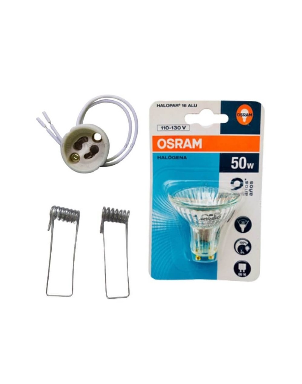 Bombillo halogeno gu10 dicroico 110v 50w con socket y pines laterales