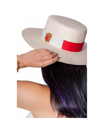 Sombrero canotier fibra arena cinto rojo broche caiman