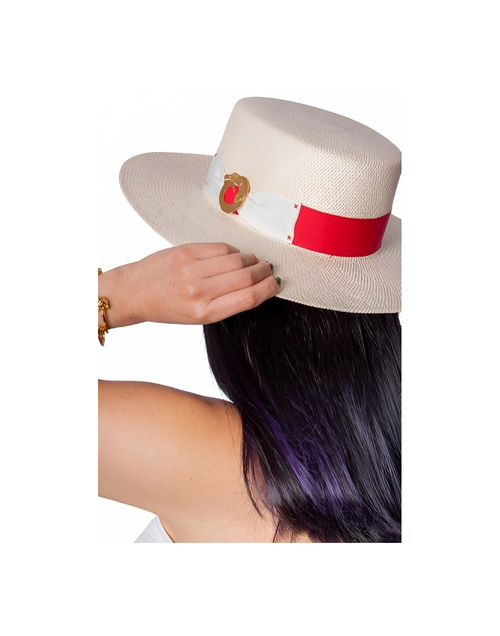 Sombrero canotier fibra arena cinto rojo broche caiman