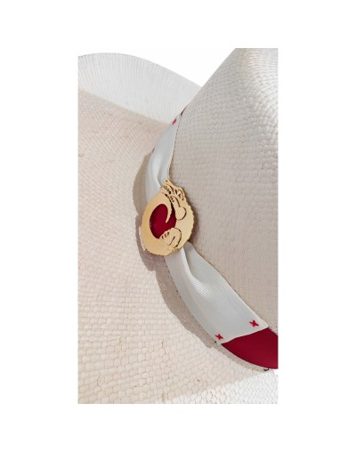 Sombrero canotier fibra arena cinto rojo broche caiman