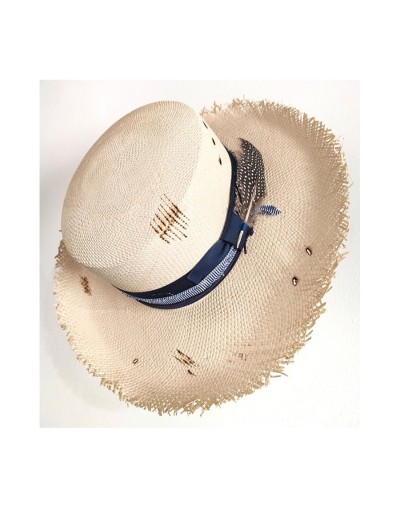Sombrero canotier blanco desflecado cinto azul ahumado y pluma