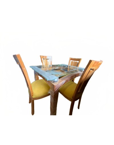 Comedor 4 puestos  mostaza mesa en vidrio 
