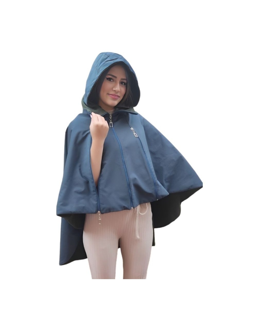 Capa impermeable color azul petróleo forrada en algodón verde militar