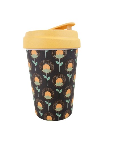 Mug 400 ml ecológico  girasol amarillo   en fibra de bambú con tapa antiderrames 