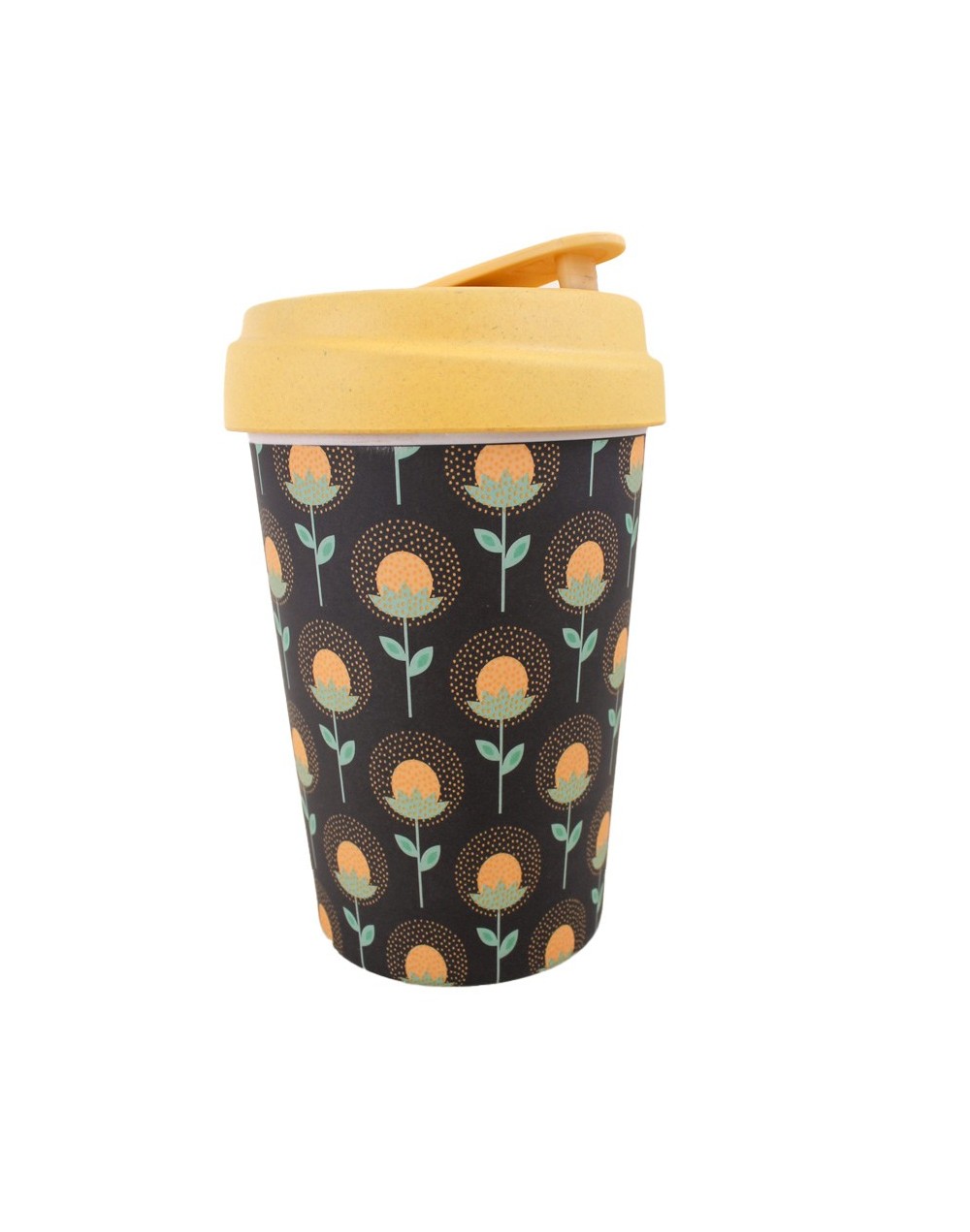 Mug 400 ml ecológico  girasol amarillo   en fibra de bambú con tapa antiderrames 