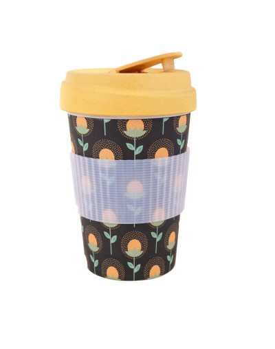 Mug 400 ml ecológico  girasol amarillo   en fibra de bambú con tapa antiderrames 
