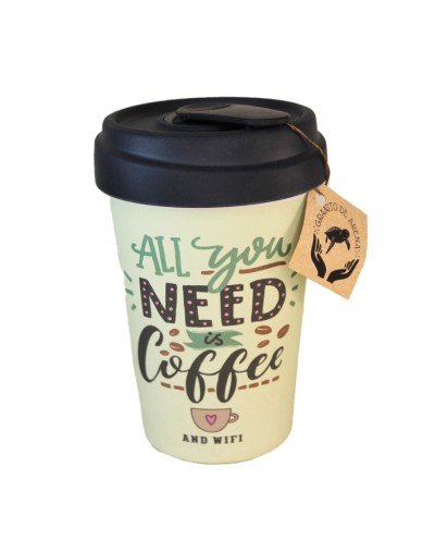 Mug 400 ml ecológico  negro wifi   en fibra de bambú con tapa antiderrames