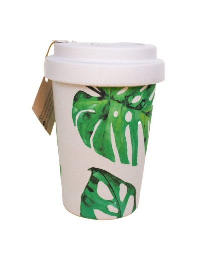 Mug 450 ml ecológico  blanco hojas   en fibra de bambú con tapa antiderrames