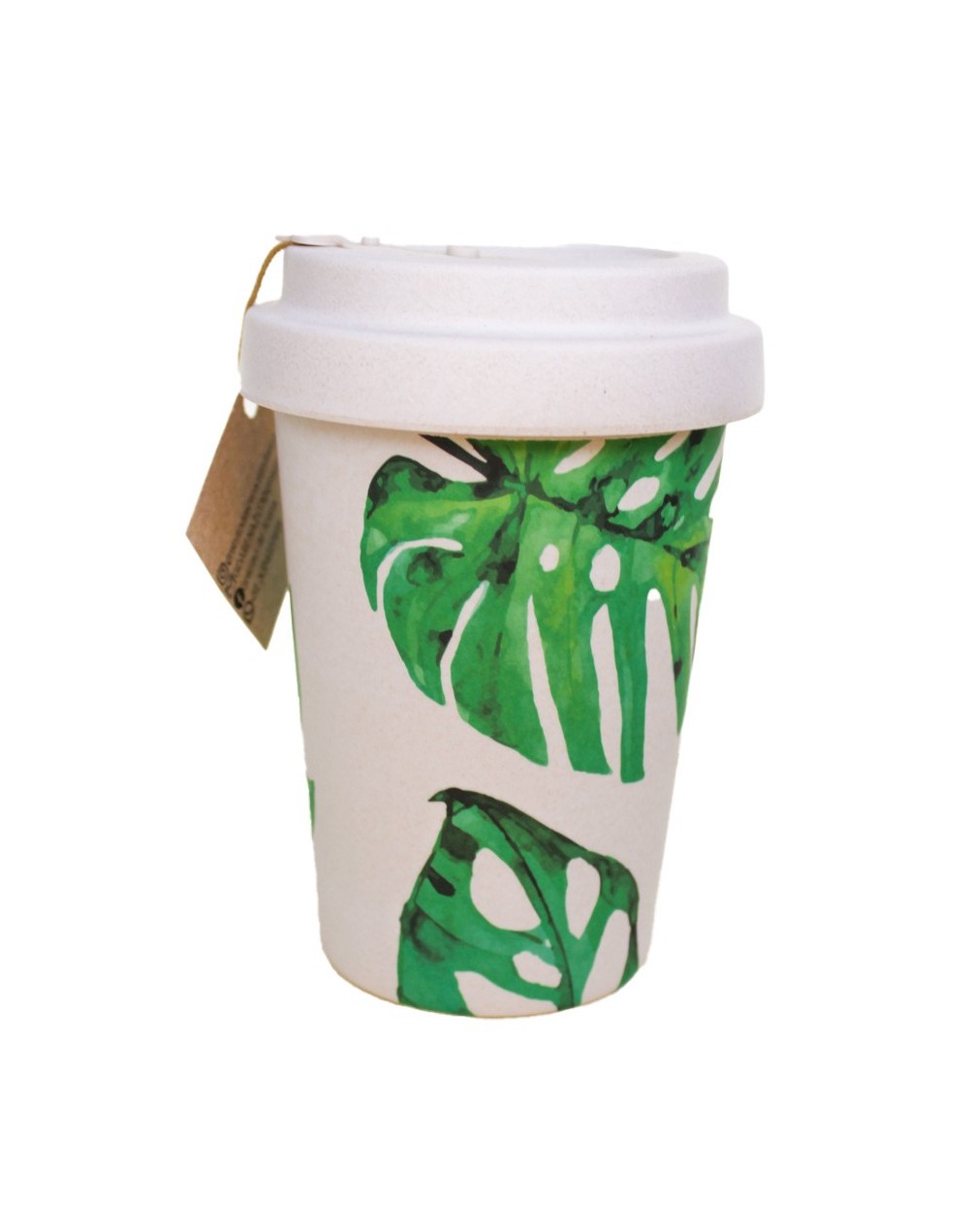 Mug 450 ml ecológico  blanco hojas   en fibra de bambú con tapa antiderrames