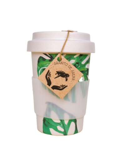 Mug 450 ml ecológico  blanco hojas   en fibra de bambú con tapa antiderrames