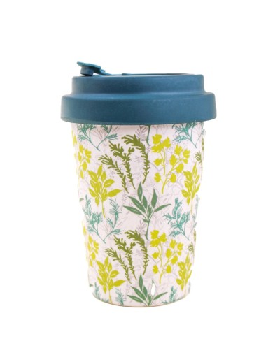 Mug 450 ml ecológico  azul plantas   en fibra de bambú con tapa antiderrames