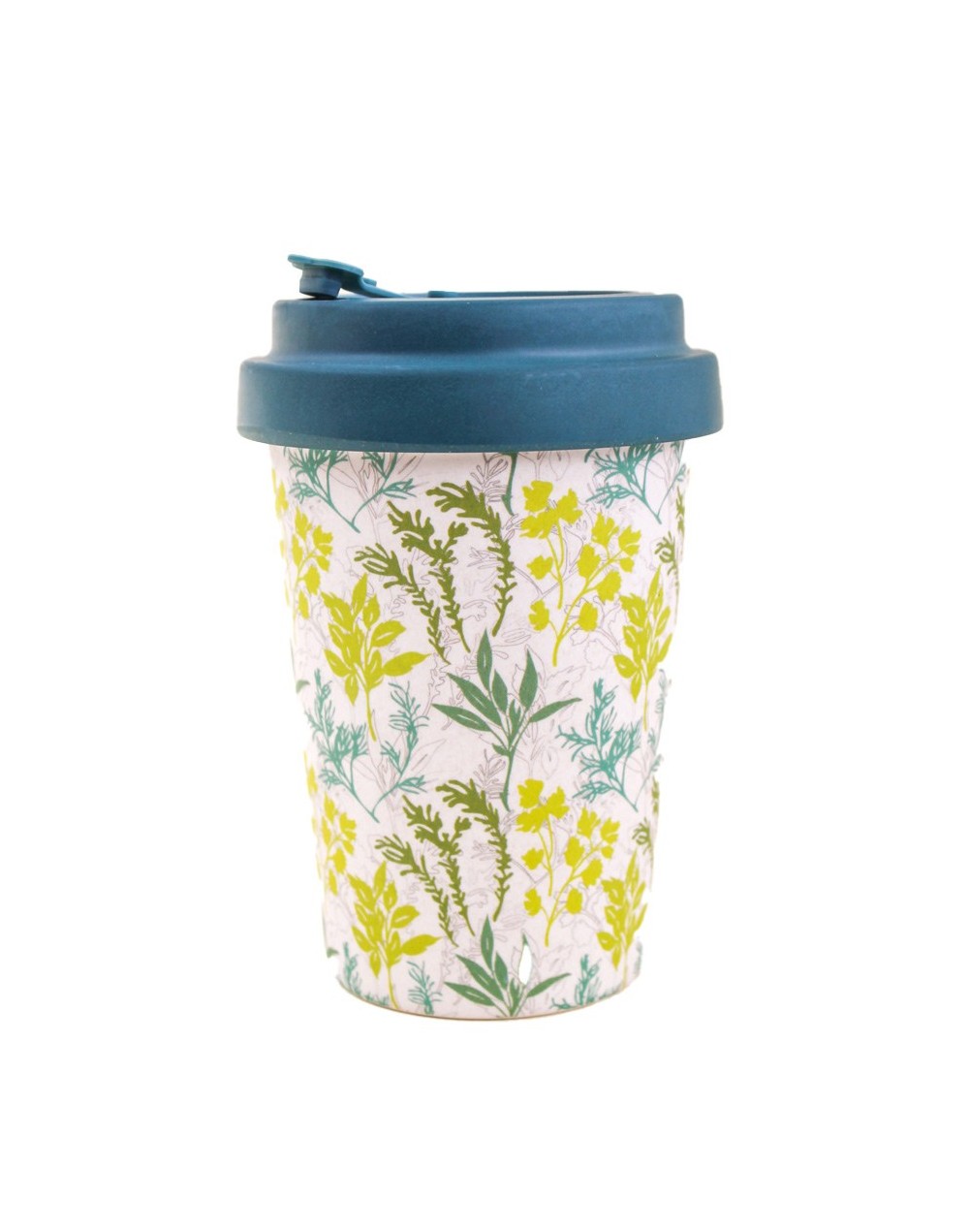 Mug 450 ml ecológico  azul plantas   en fibra de bambú con tapa antiderrames