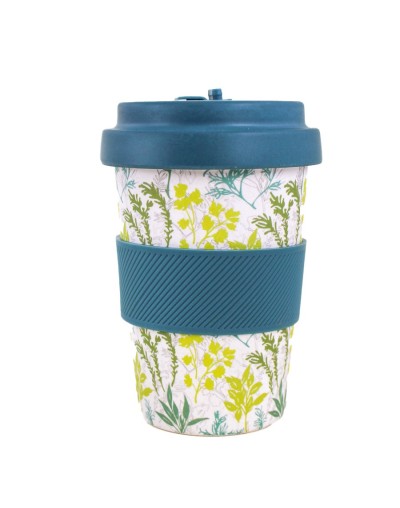 Mug 450 ml ecológico  azul plantas   en fibra de bambú con tapa antiderrames