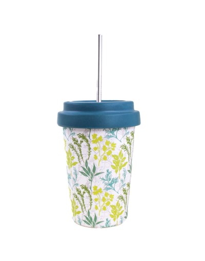 Mug 450 ml ecológico  azul plantas   en fibra de bambú con tapa antiderrames