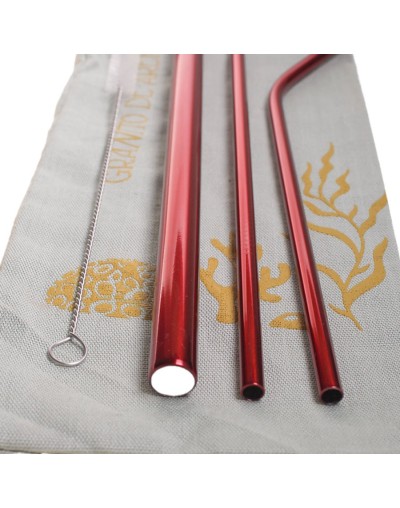 Set 3 pitillos rojos ecológicos  cepillo Reutilizables en acero inoxidable 